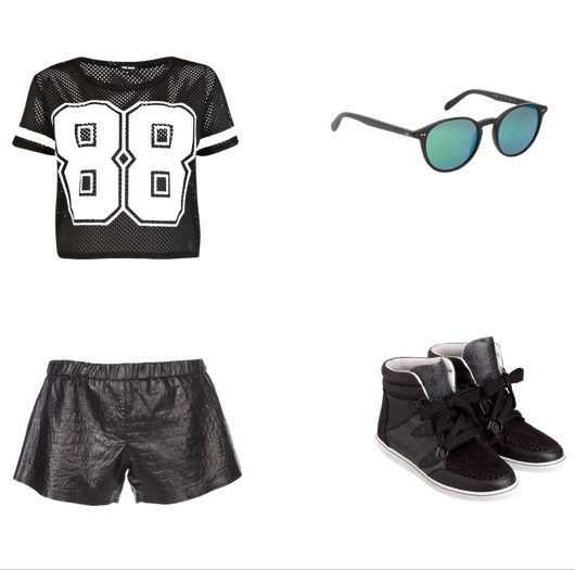 River Island top | Oliver Peoples sunglasses | Wayne shorts | Sandro sneakers
